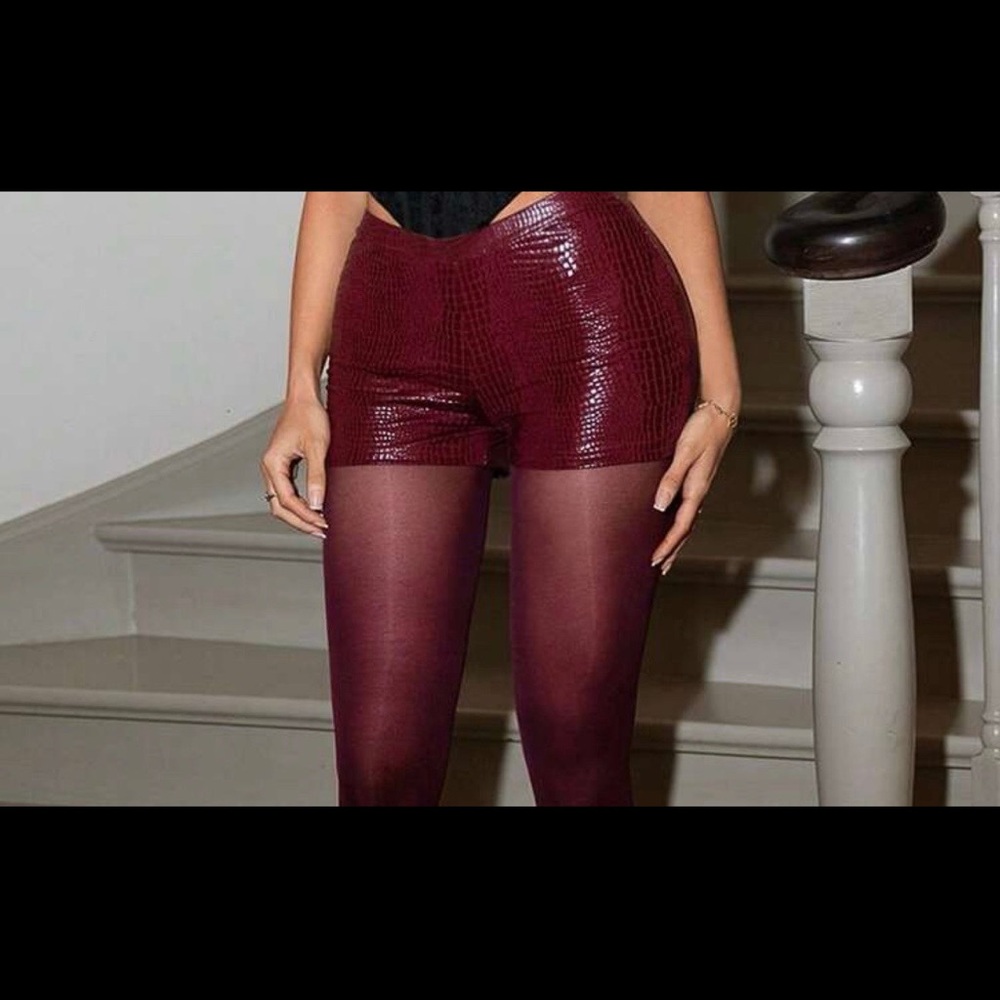 High Waist Burgundy Snake Skin Shorts